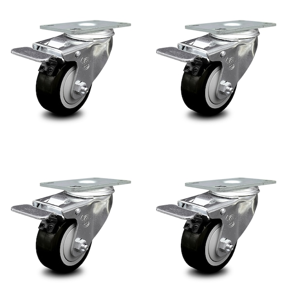 Service Caster 3 Inch Black Polyurethane Swivel Top Plate Caster Set with Total Lock Brake SCC SCC-TTL20S314-PPUB-BLK-4 - main